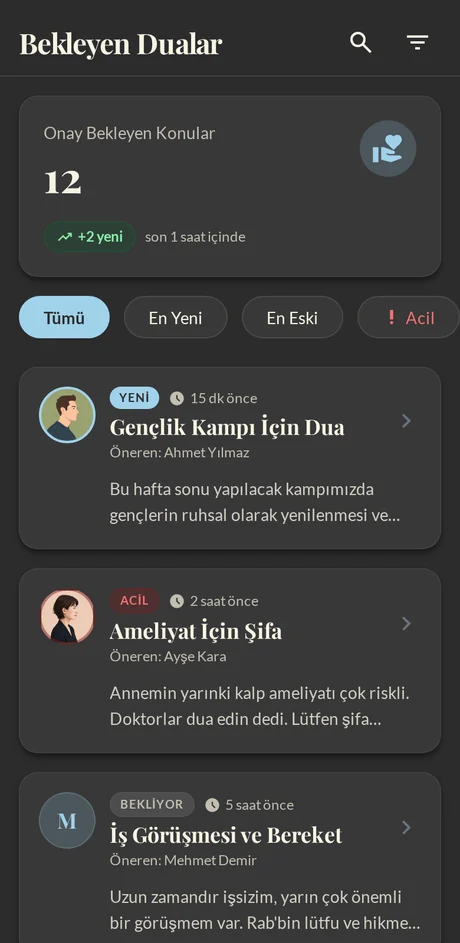 Bekleyen dua konuları ekranı: yayına alınmayı bekleyen konu önerileri.