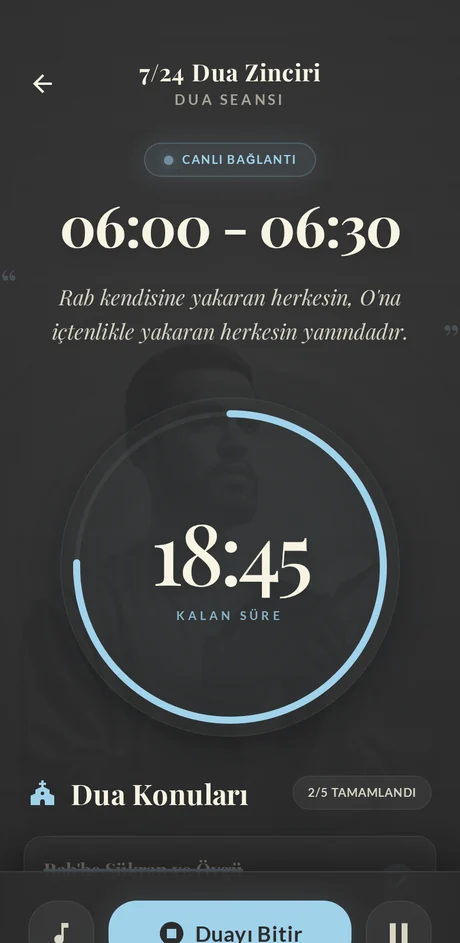 Dua seansı ekranı: süre sayacı, dua konuları listesi ve seansı bitirme düğmesi.