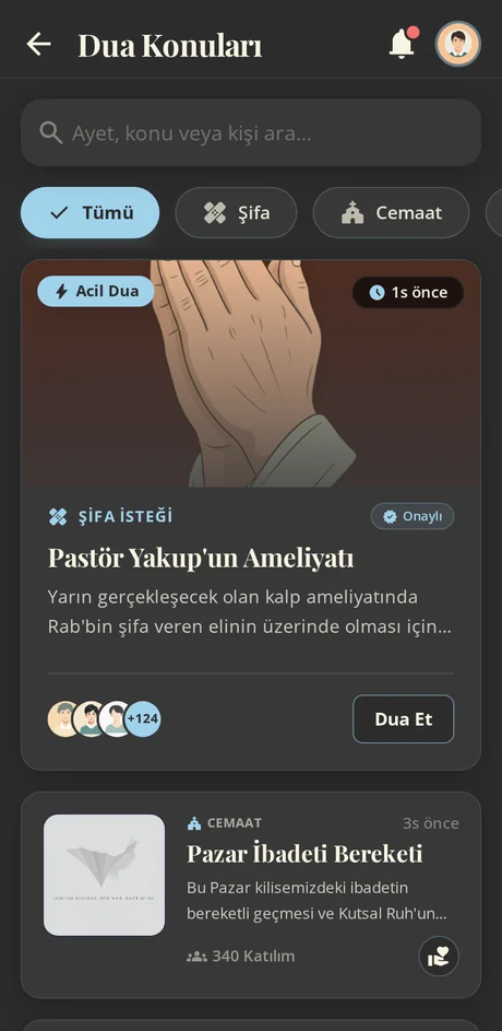Dua konuları listesi: arama, kategori süzgeci ve konu kartları.
