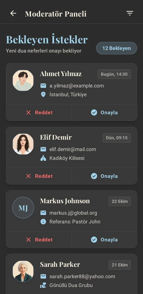 Kullanıcı onayları ekranı: onay bekleyen üyelikler ve onayla/reddet düğmeleri.