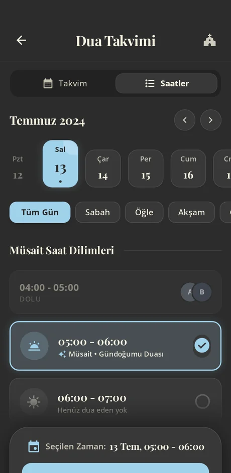 Dua zamanı ayırma ekranı: gün seçimi ve boş saat dilimleri.